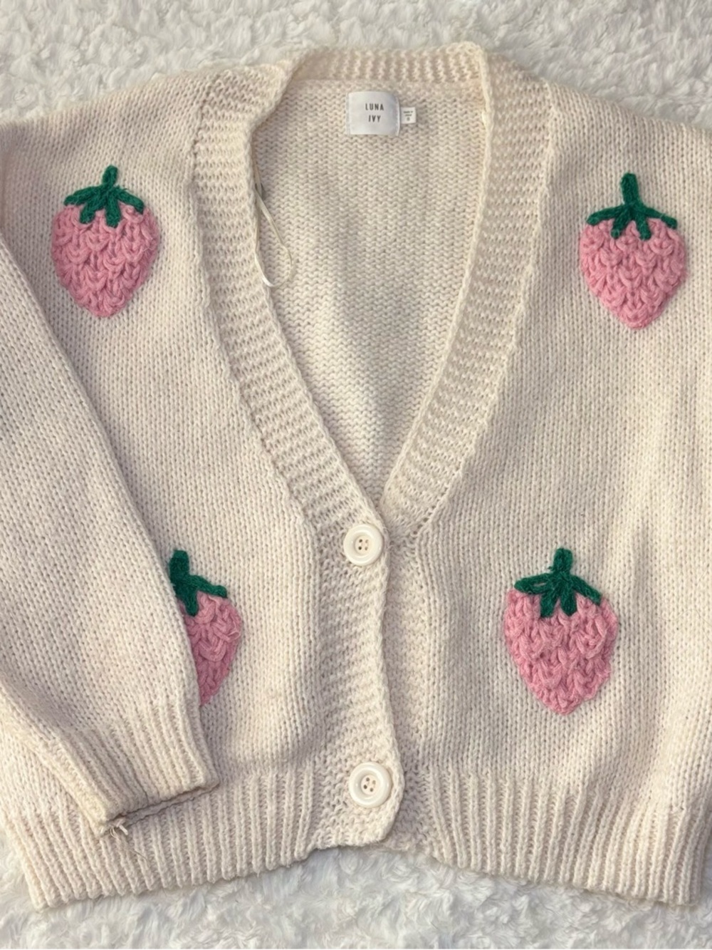 Luna Ivy Cream Strawberry-Appliqué Cardigan Sweater